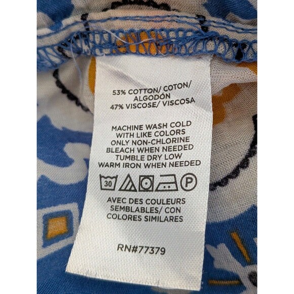 Ann Taylor Factory Blouse Womens L Blue Yellow Tile Floral Boho Hippie Top Tunic - Picture 10 of 12